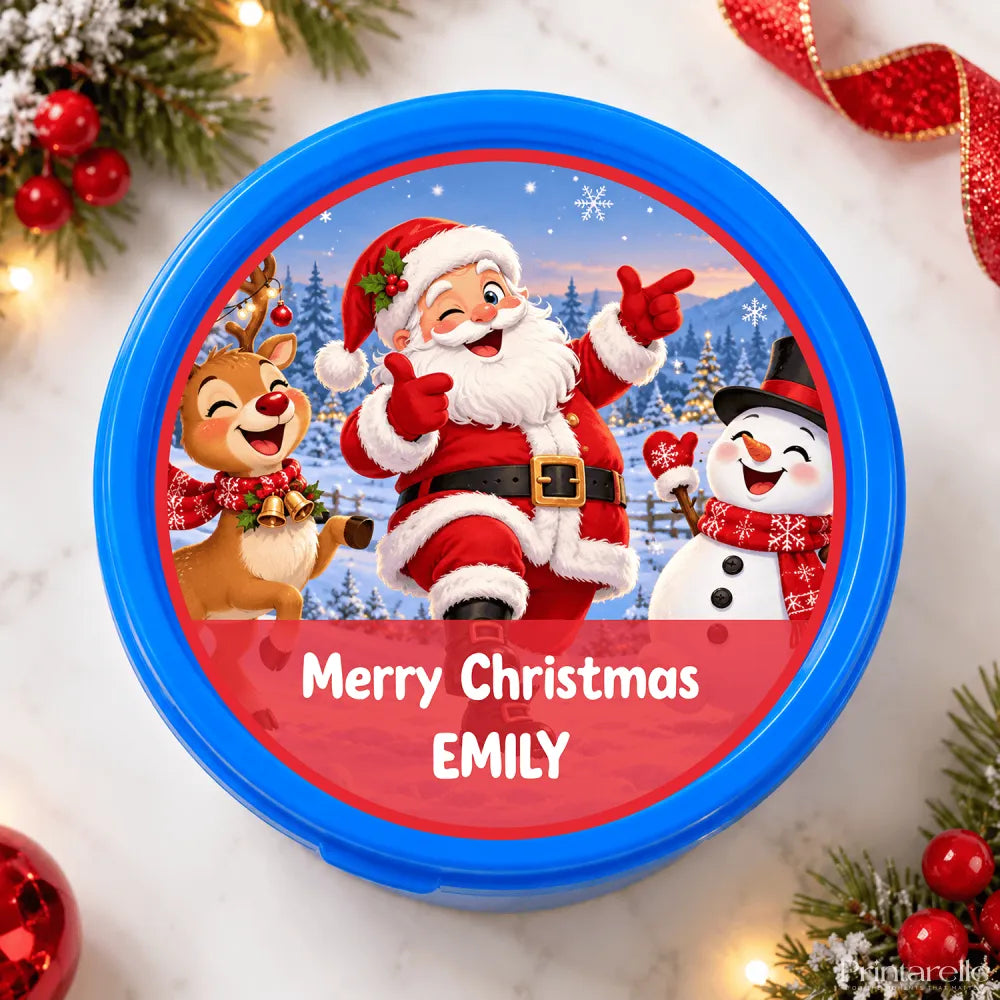 Blue plastic dancing santa tub with festive santa tub sticker featuring winking santa mid-dance on lid
