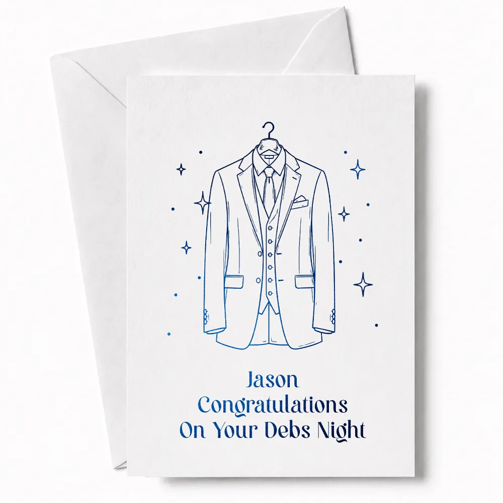 A debs card for him featuring a blue foil suit jacket design on textured cardstock with personalized congratulations text