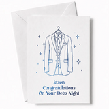 A debs card for him featuring a blue foil suit jacket design on textured cardstock with personalized congratulations text