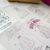 Pink glitter debs card showing elegant pink glitter ruffled gown and celebratory text for debutante events