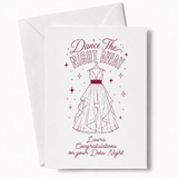 A white debs card featuring a pink glitter maroon dress and starry design with dance the night away text