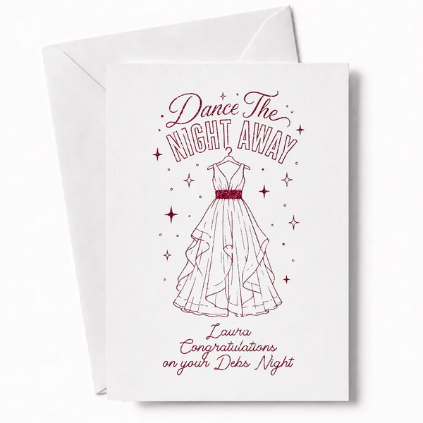 A white debs card featuring a pink glitter maroon dress and starry design with dance the night away text