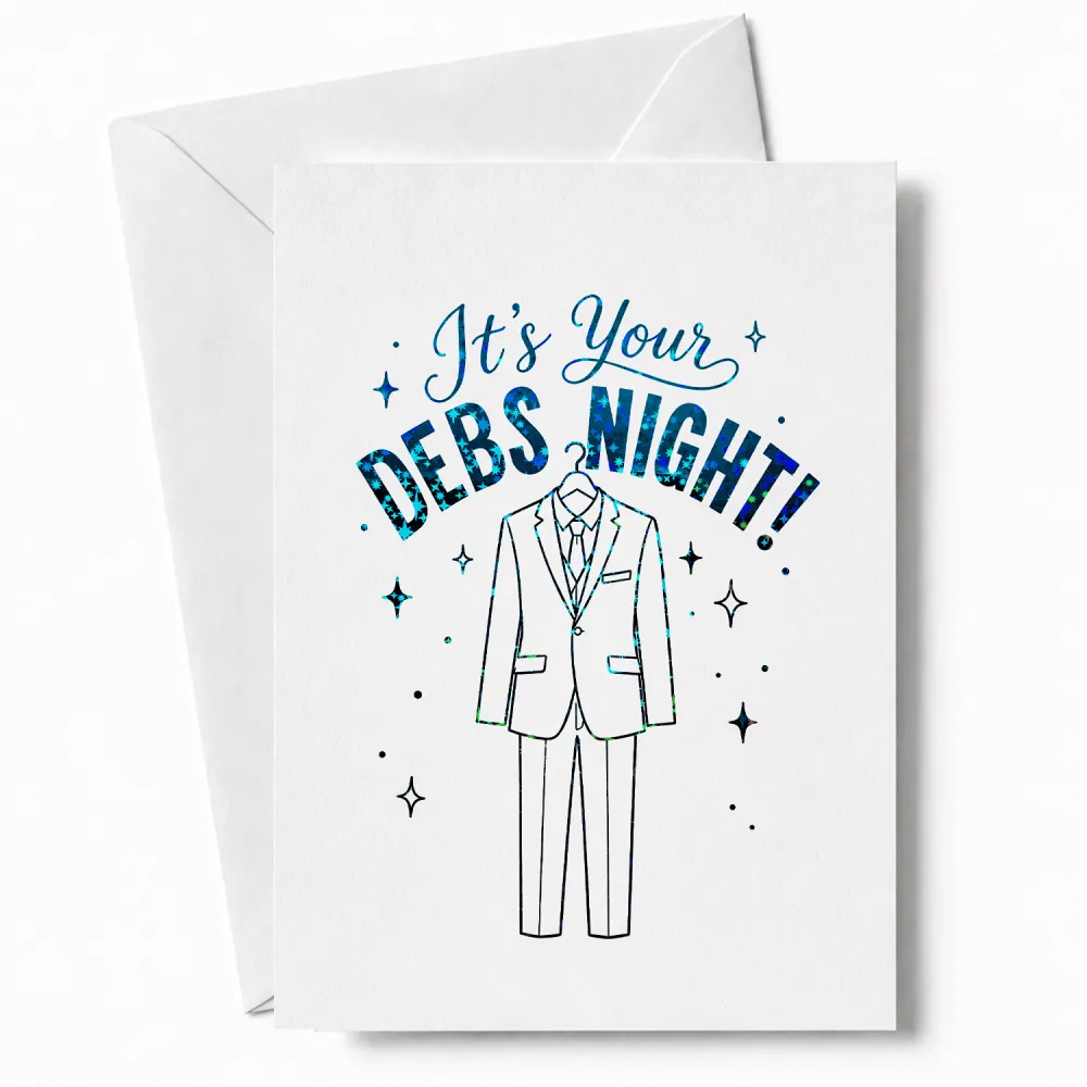 White debs card featuring holographic blue foil suit illustration and sparkling starbursts for debs night celebration