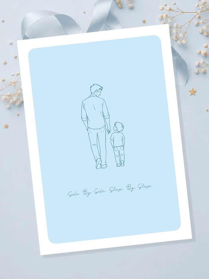 A delicate light blue illustrated card featuring a minimalist line drawing of an adult and child walking together, with the phrase ’side by side.