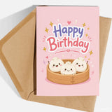 Dim Sum Steamer Birthday Card | Kawaii Bao Dumplings - dim sum, dim sum steamer, sum steamer, birthday card, kawaii bao