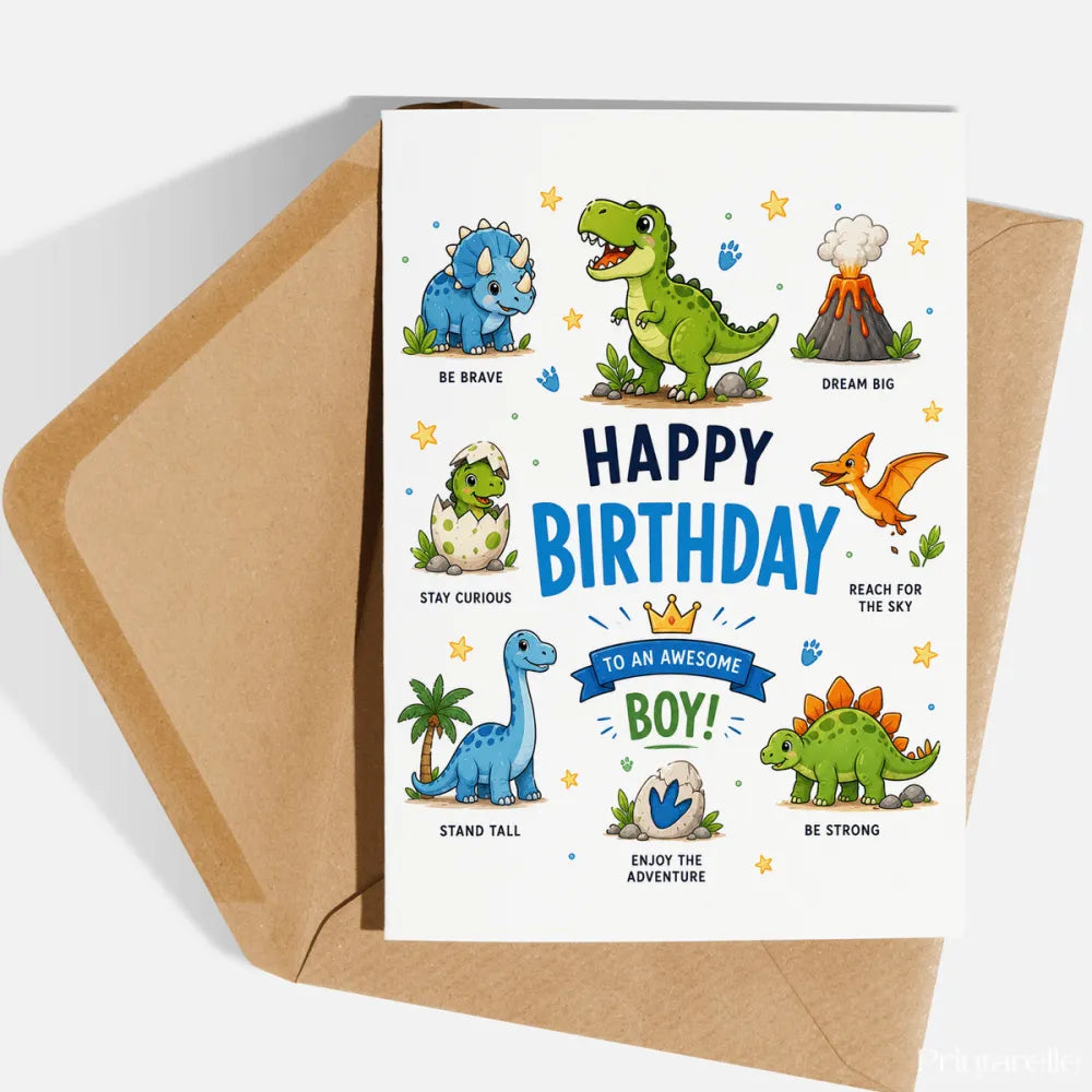 Dinosaur Birthday Card for Boys - dinosaur birthday card, dinosaur birthday, birthday card, kraft envelope, cute dino