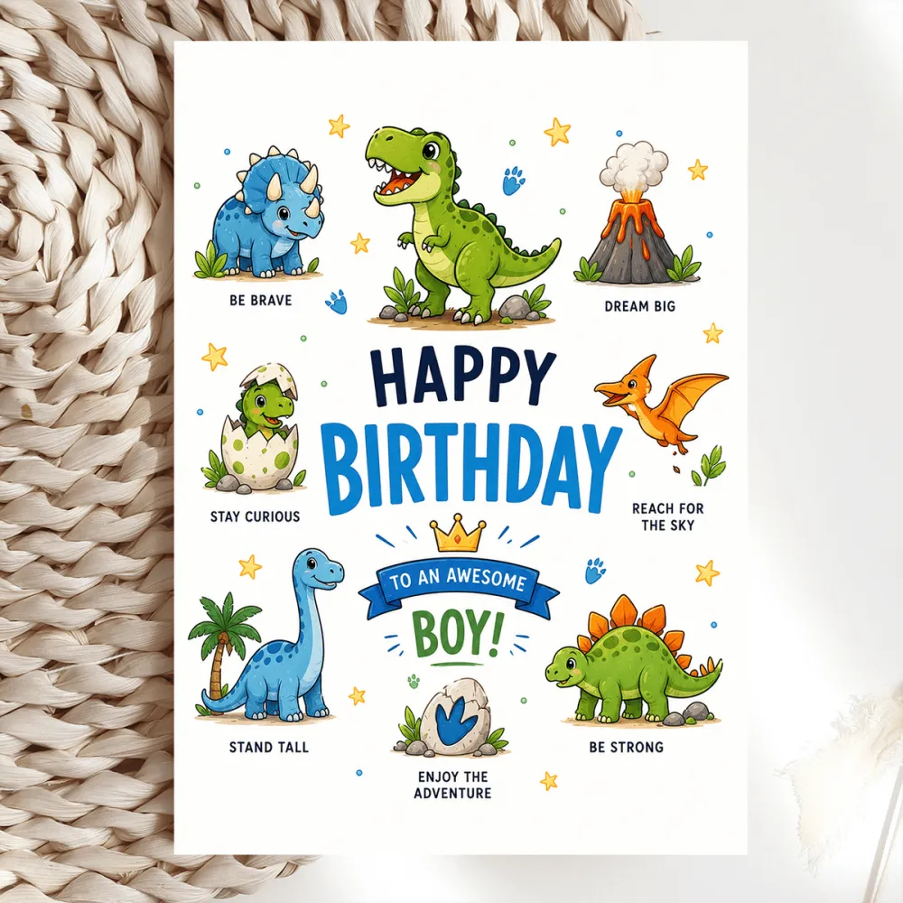 Dinosaur Birthday Card for Boys - dinosaur birthday card, dinosaur birthday, birthday card, kraft envelope, cute dino
