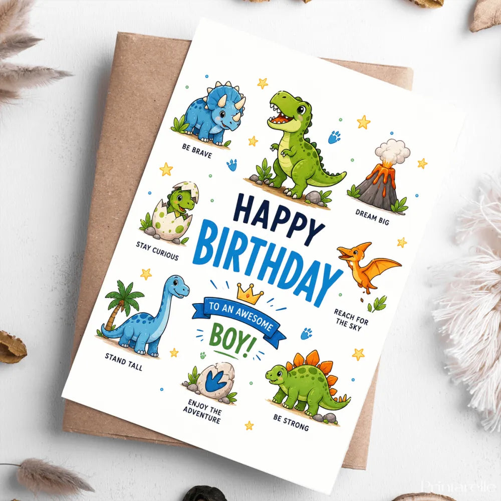 Dinosaur Birthday Card for Boys - dinosaur birthday card, dinosaur birthday, birthday card, kraft envelope, cute dino