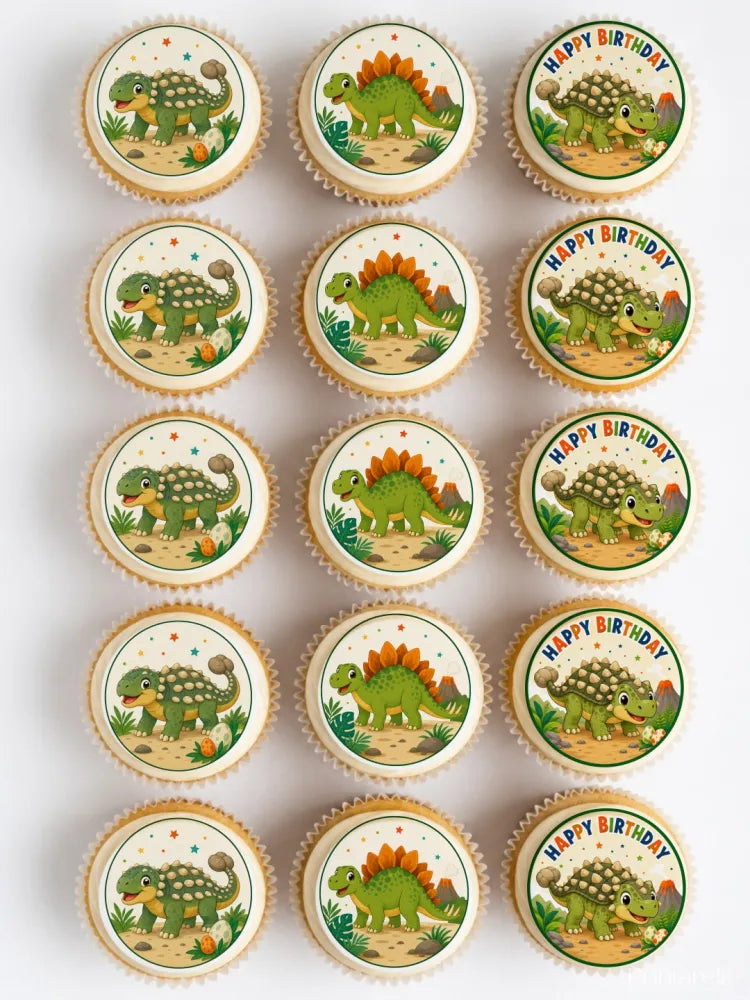 Green ankylosaurus dinosaur edible cupcake toppers with colorful happy birthday illustrations for birthday cakes
