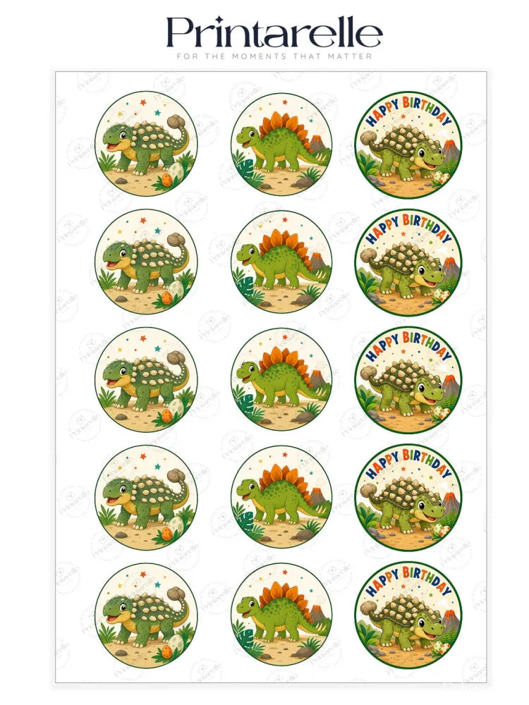 Cute green edible cupcake toppers featuring dinosaur and armadillo designs for dinosaur birthday cakes