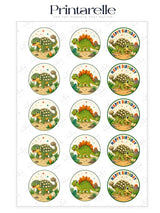 Cute green edible cupcake toppers featuring dinosaur and armadillo designs for dinosaur birthday cakes