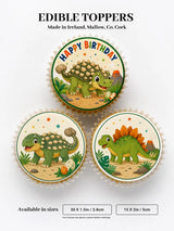 Green ankylosaurus dinosaur edible cupcake toppers with colorful happy birthday text and star accents