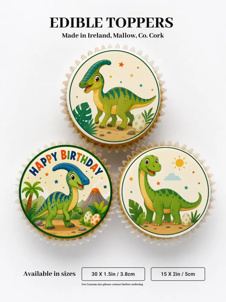Green dinosaur-themed edible cupcake toppers with colorful parasaurolophus illustrations on scalloped icing sheet