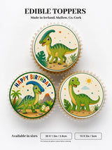 Green dinosaur-themed edible cupcake toppers with colorful parasaurolophus illustrations on scalloped icing sheet