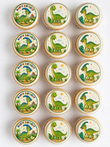 Green dinosaur-themed edible cupcake toppers with colorful parasaurolophus illustrations and happy birthday text icing sheet