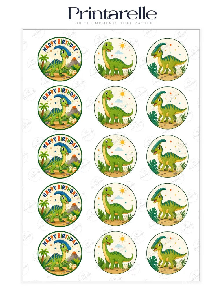 Green dinosaur cupcake toppers featuring blue-capped parasaurolophus and palm trees on edible icing sheet