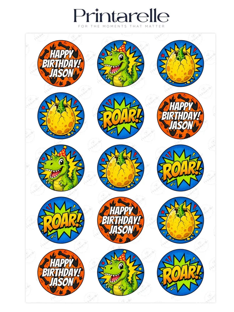 Dinosaur birthday cupcake toppers with green dinos and yellow eggs on orange and blue icing sheet backgrounds