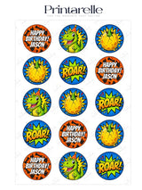 Dinosaur birthday cupcake toppers with green dinos and yellow eggs on orange and blue icing sheet backgrounds