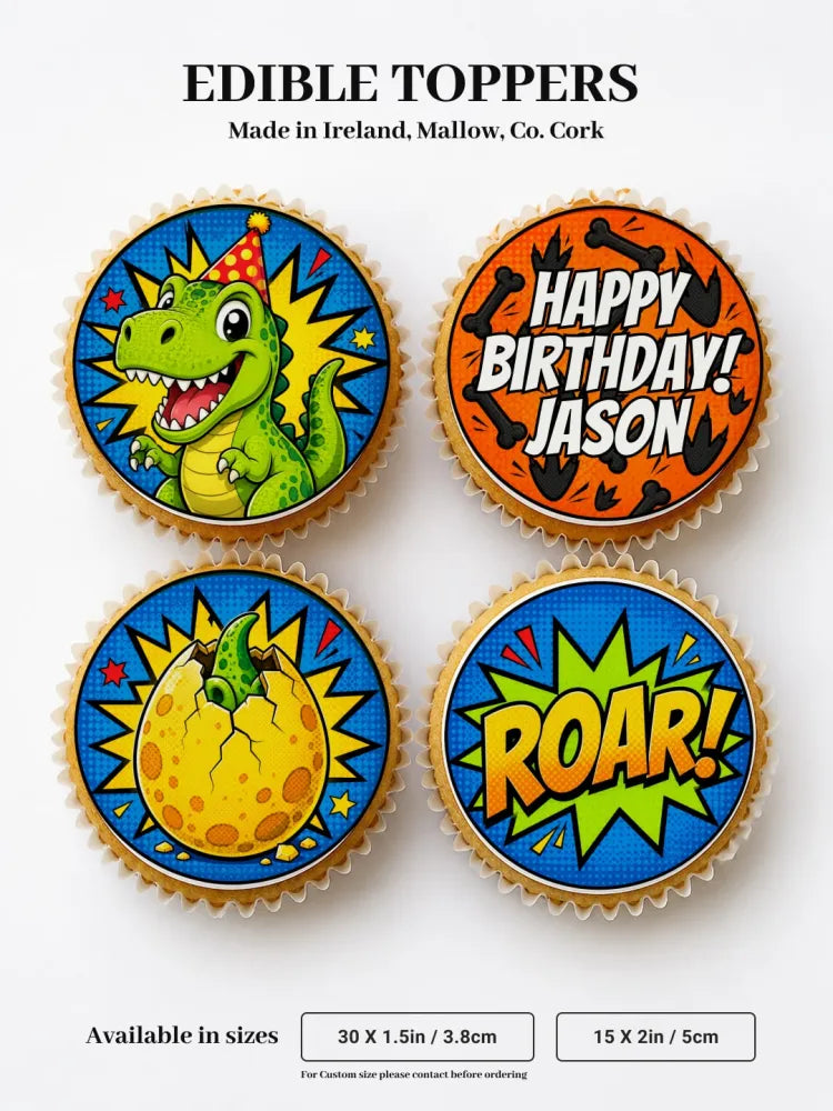Colorful dinosaur birthday cupcake toppers made from edible icing sheet with happy birthday and roar messages