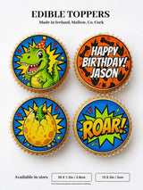 Colorful dinosaur birthday cupcake toppers made from edible icing sheet with happy birthday and roar messages