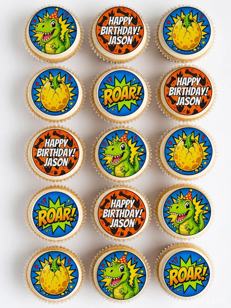 Dinosaur birthday cupcake toppers with green dinosaurs yellow eggs bold text on blue and orange icing sheet designs