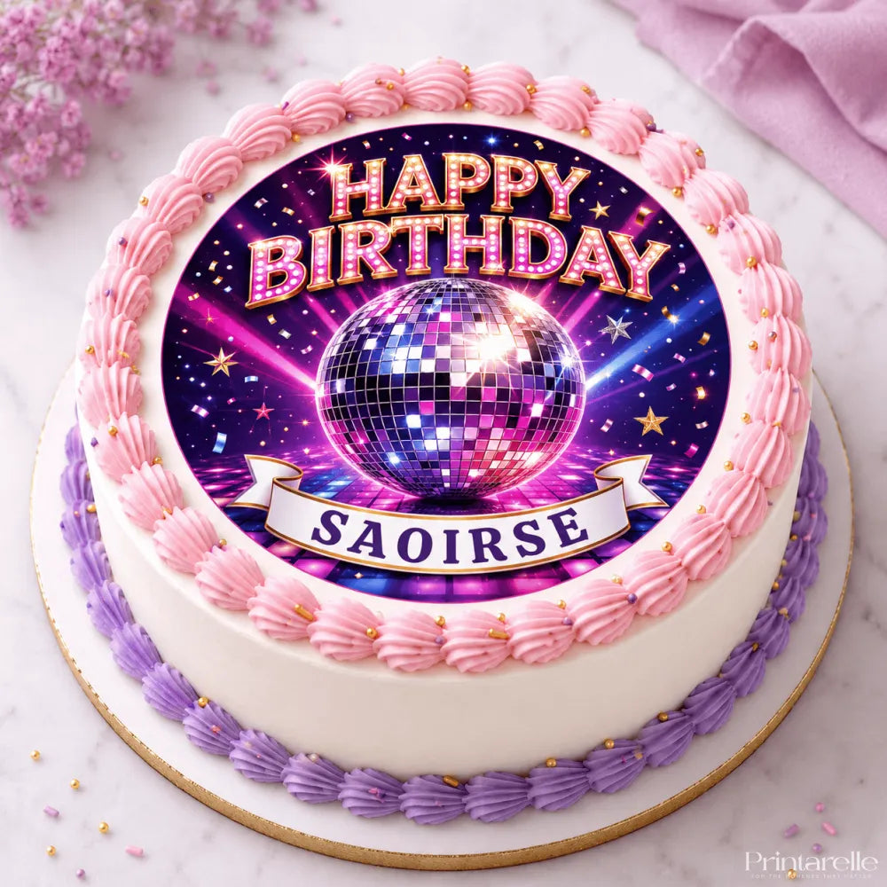 A round birthday cake with white frosting and pink purple borders featuring a vibrant disco ball icing sheet cake topper