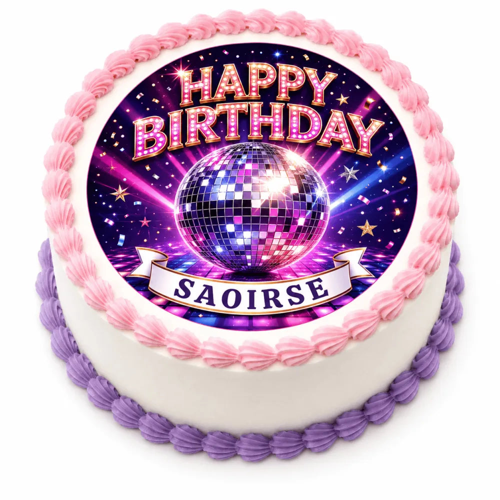 A round birthday cake with white frosting and a vibrant disco ball icing sheet cake topper saying happy birthday saoirse
