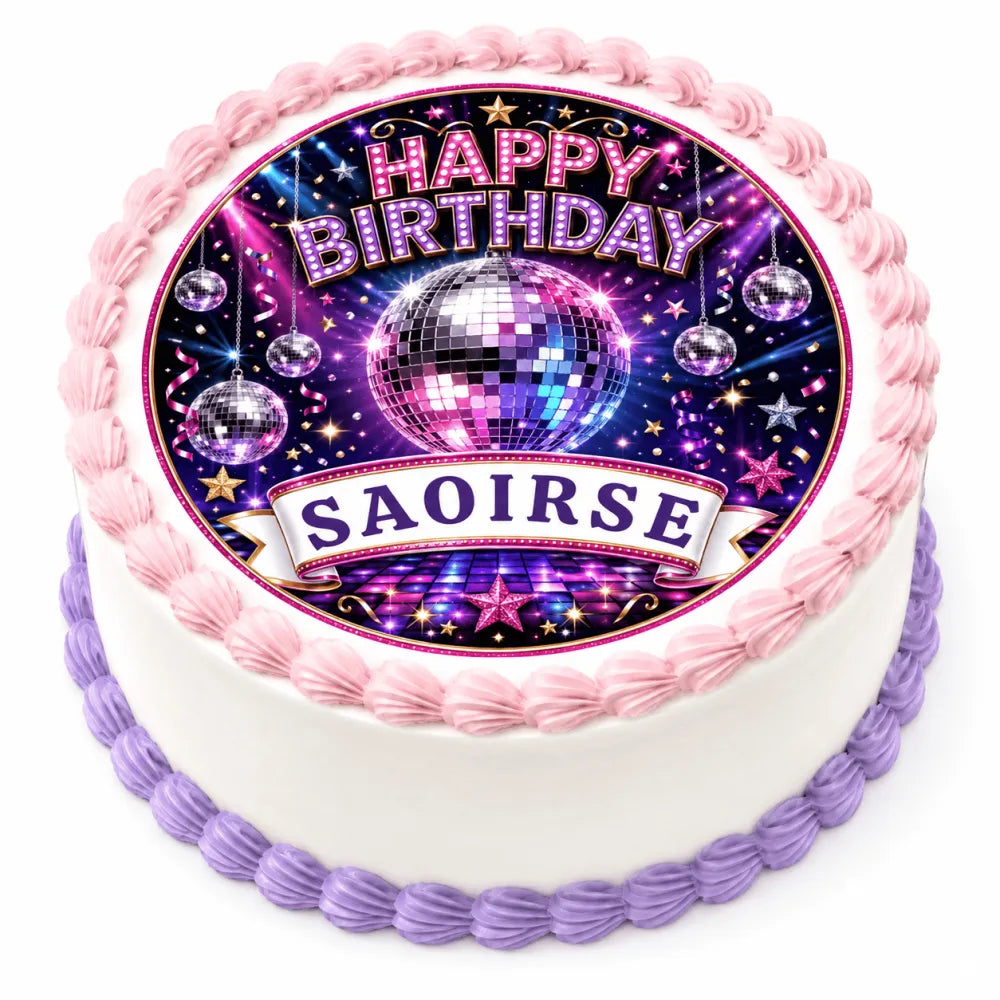 A round birthday cake with pink and purple piped frosting edges topped with a disco birthday cake topper icing sheet