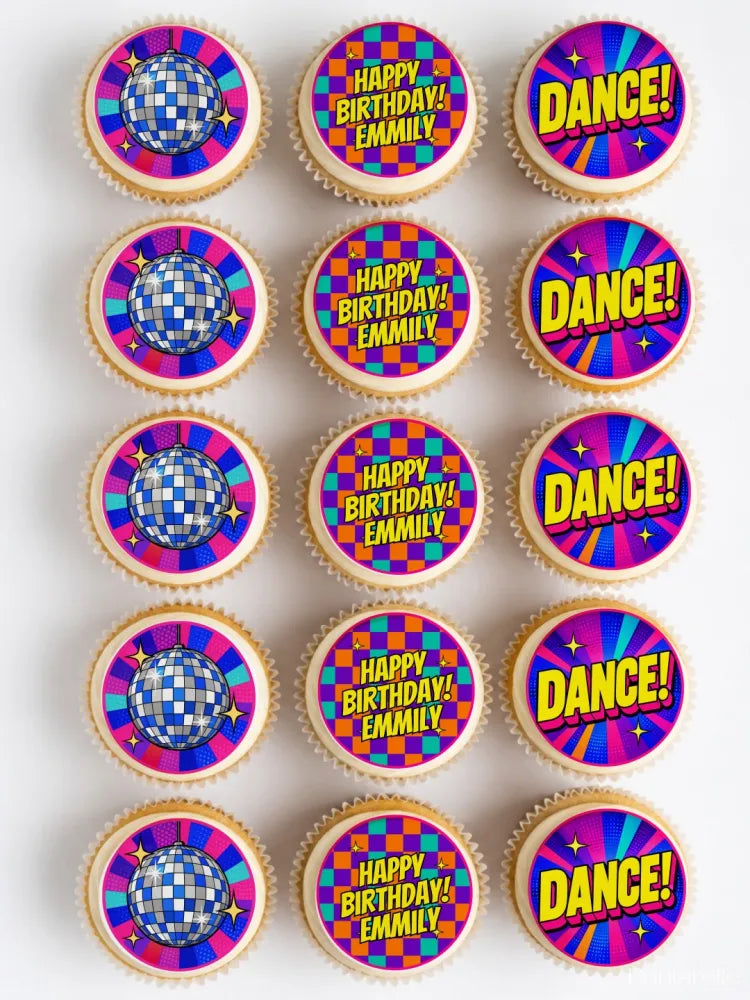 Vibrant disco birthday cupcake toppers with glittering blue disco ball designs and fun happy birthday emily messages