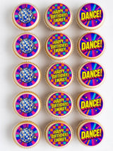Vibrant disco birthday cupcake toppers with glittering blue disco ball designs and fun happy birthday emily messages