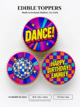 Vibrant colorful edible cupcake toppers with bold comic style text and disco ball designs for disco birthday party