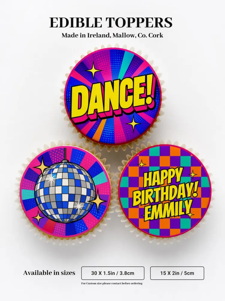 Vibrant colorful edible cupcake toppers with bold comic style text and disco ball designs for disco birthday party