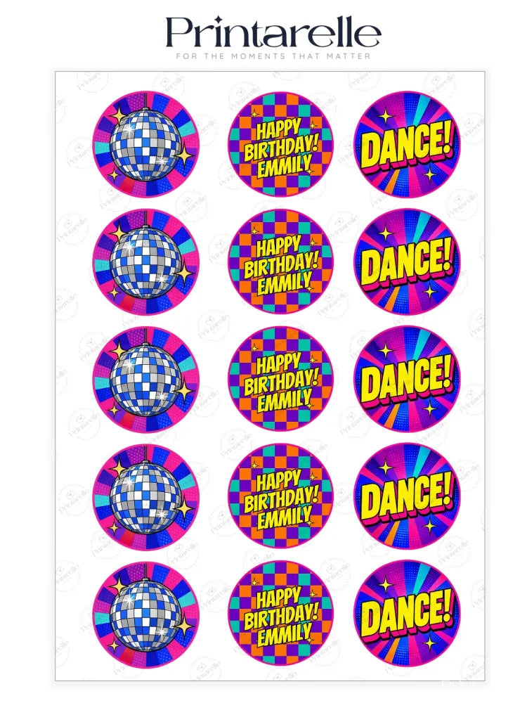 Vibrant disco birthday cupcake toppers with glittering silver disco ball stickers and bold yellow text on colorful backgrounds