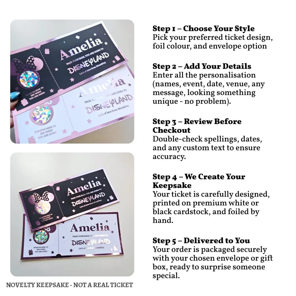 Disneyland Surprise Foil Ticket - Personalised Scratch Reveal - disneyland surprise foil, personalised disneyland foil,