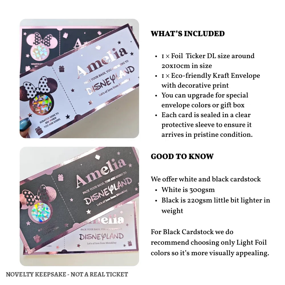 Disneyland Surprise Foil Ticket - Personalised Scratch Reveal - disneyland surprise foil, personalised disneyland foil,