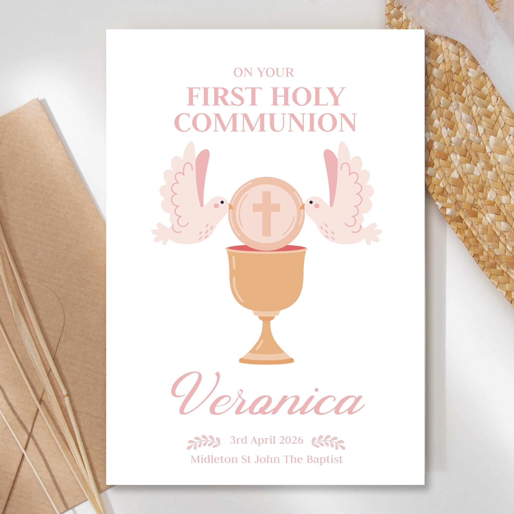 Dove & Chalice Personalised First Holy Communion Card for Girls - Greeting Card - Printarelle