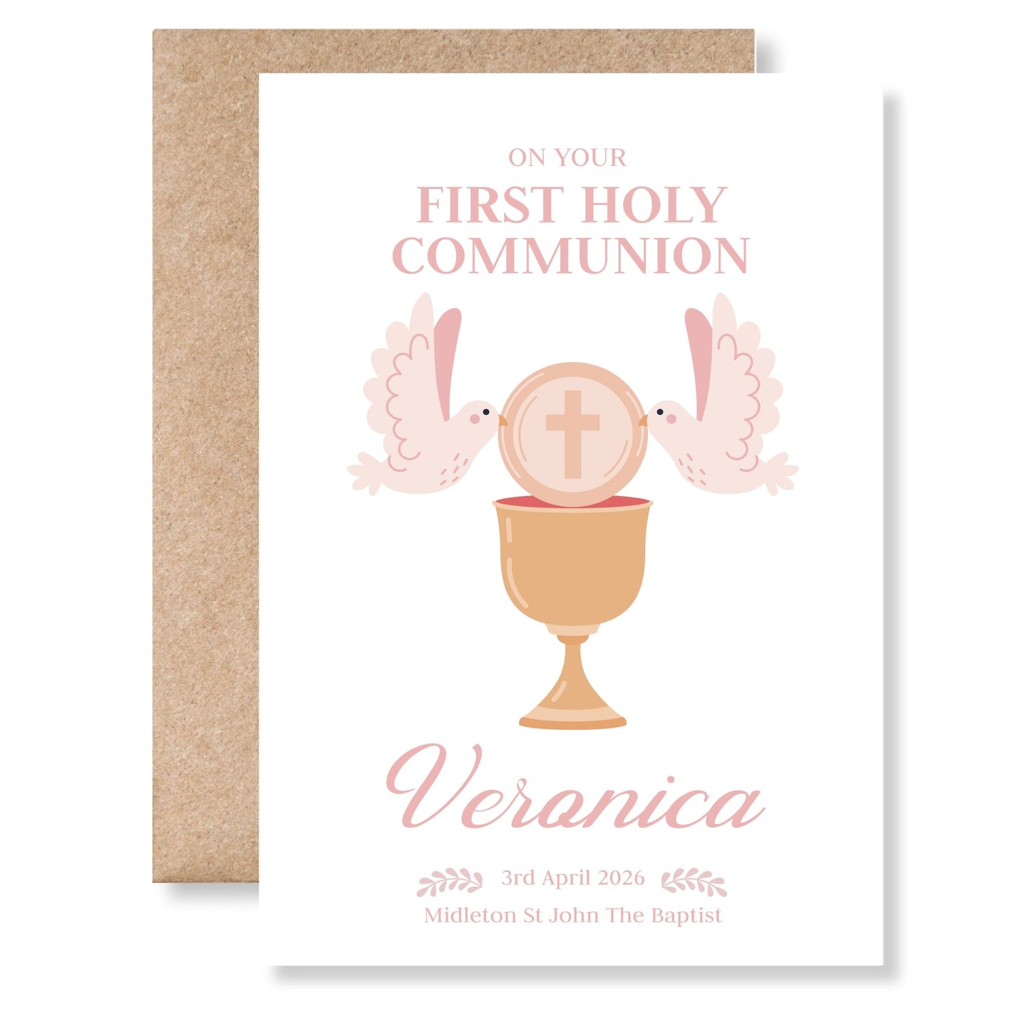 Dove & Chalice Personalised First Holy Communion Card for Girls - Greeting Card - Printarelle