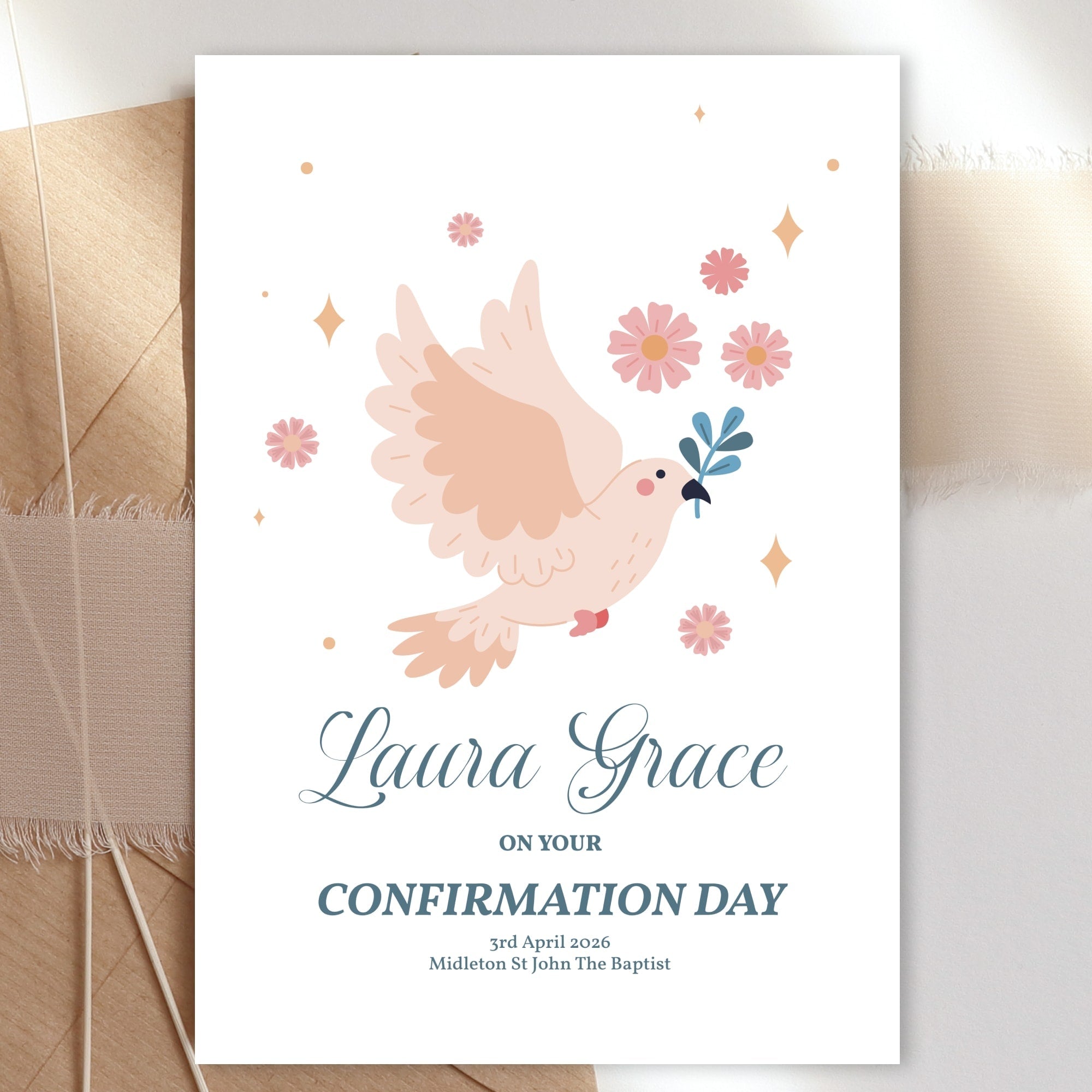 Dove & Flowers Personalised Confirmation Card for Girls - Greeting Card - Printarelle