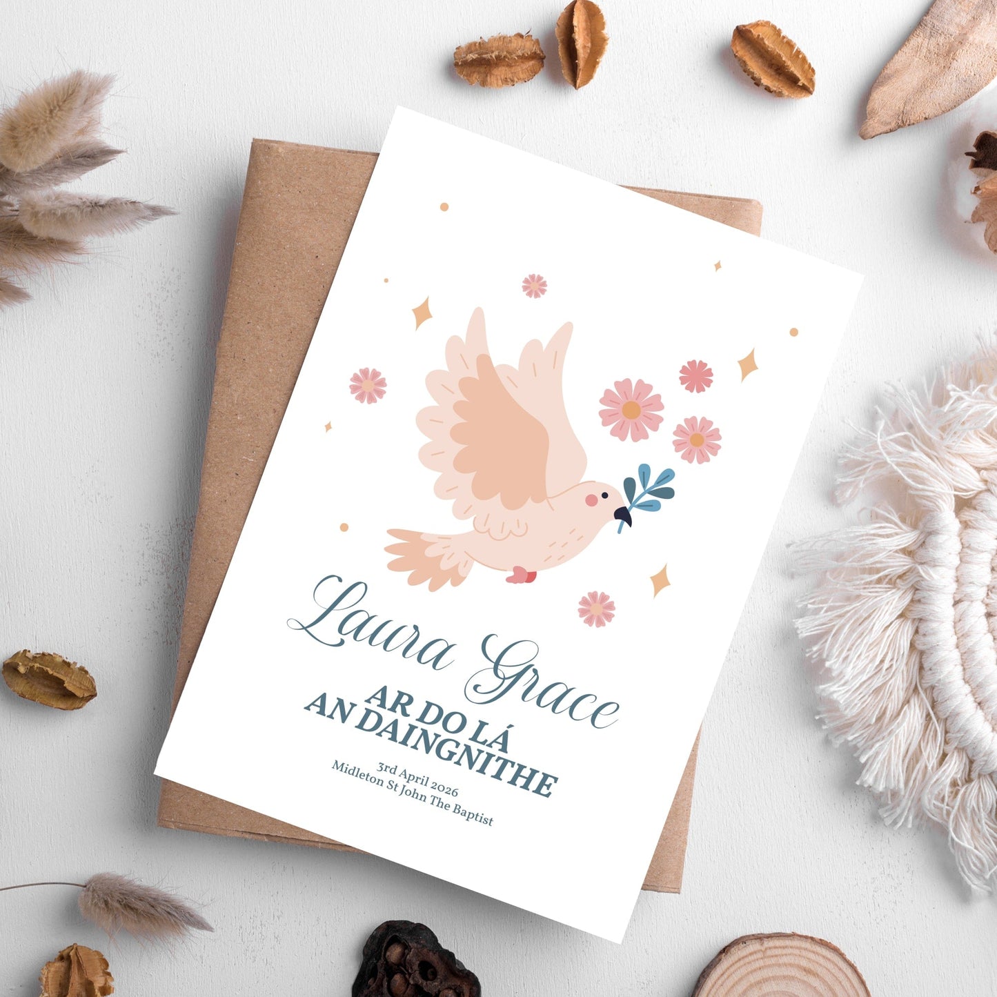 Dove & Flowers Personalised Irish Confirmation Card for Girls - Greeting Card - Printarelle