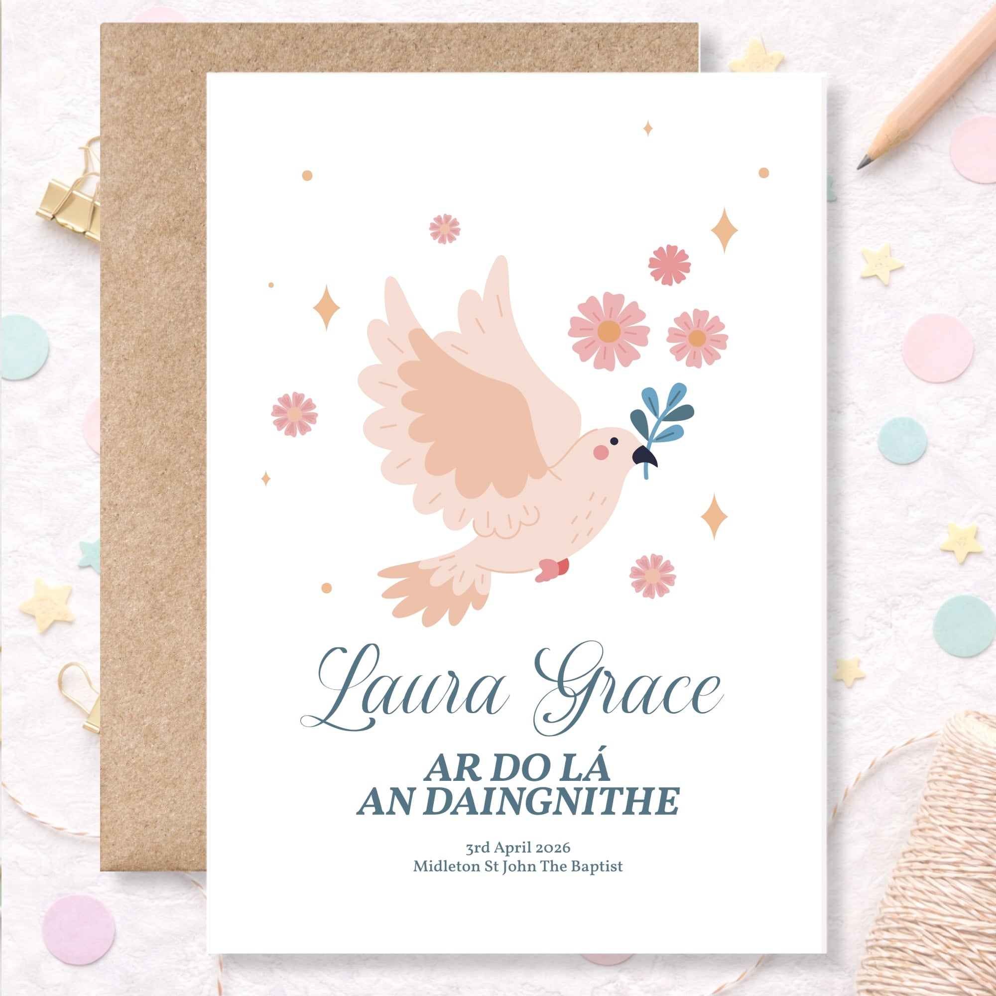 Dove & Flowers Personalised Irish Confirmation Card for Girls - Greeting Card - Printarelle