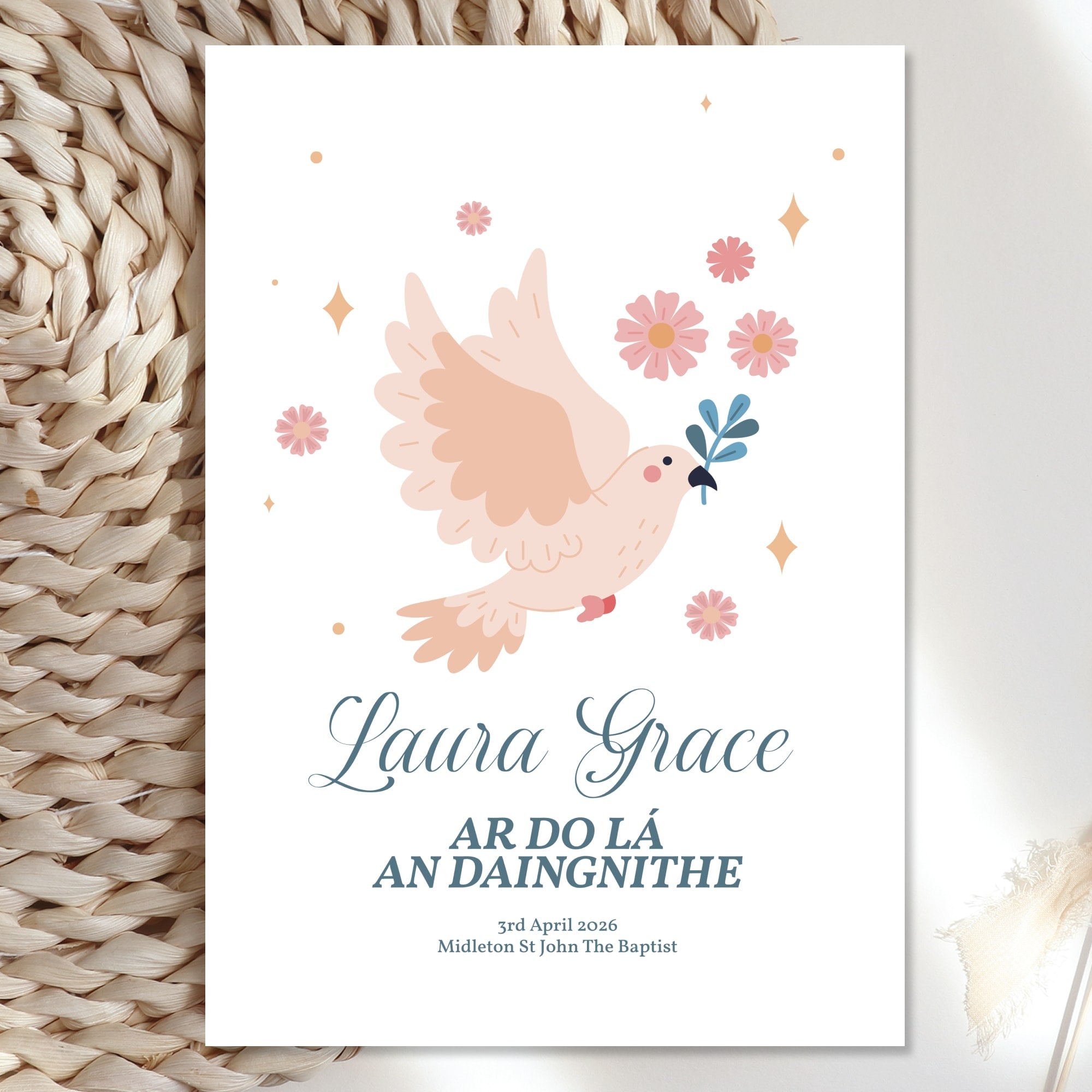 Dove & Flowers Personalised Irish Confirmation Card for Girls - Greeting Card - Printarelle