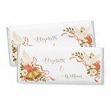 Personalised 40g chocolate bar wrapped in foil with floral orange roses green leaves and gold bells for weddings