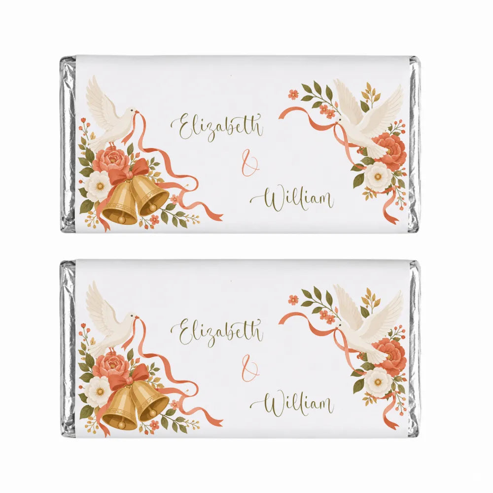 Personalised 40g chocolate bar with white wrapper gold foil edges and doves bells rose design for wedding gift