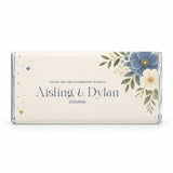 Cream-colored dusty blue wedding chocolate bar with blue anemone floral design gold accents and personalized engraving