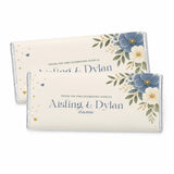 Cream-colored 40g chocolate bar wrapped in dusty blue anemone foil with personalized wedding text and gold accents