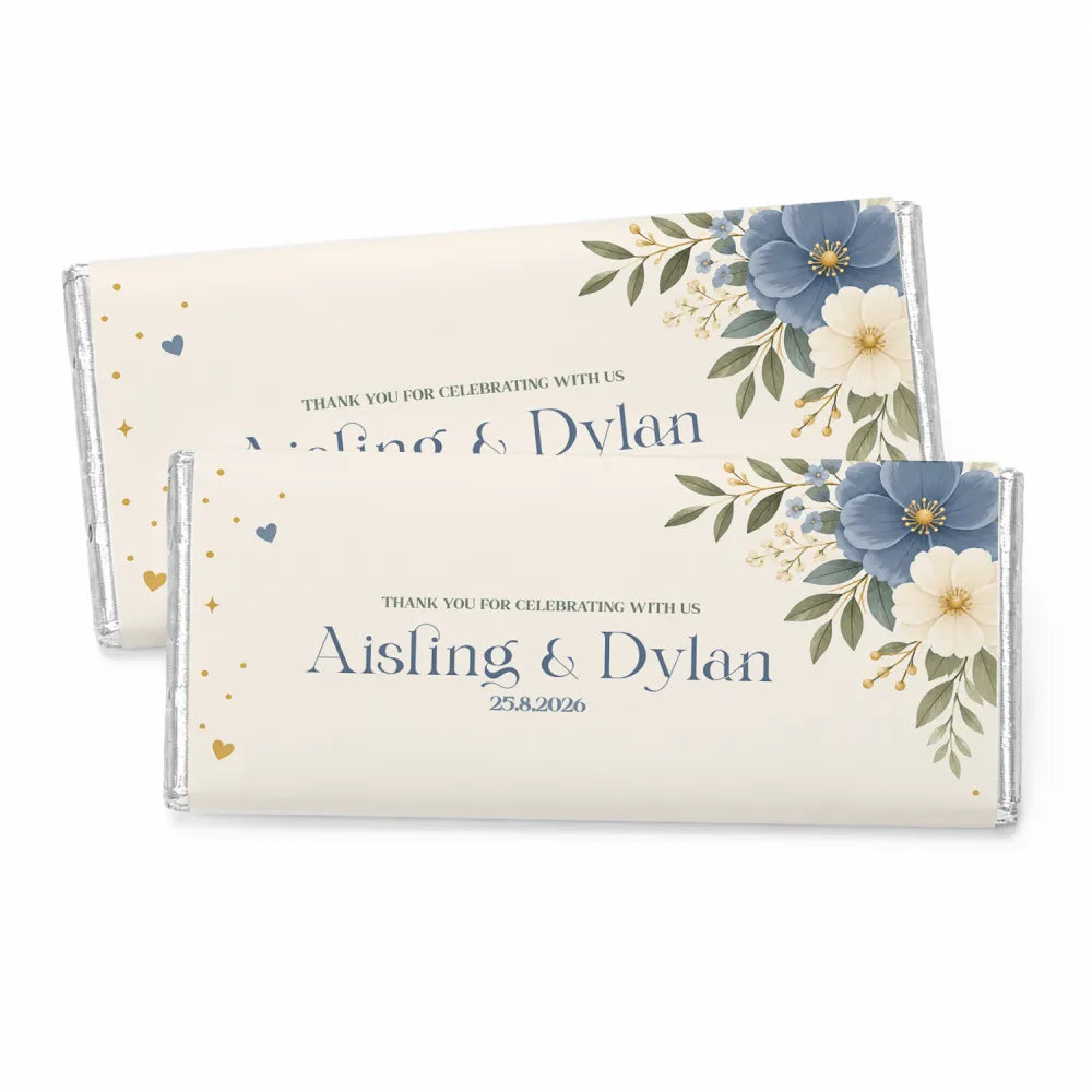 Cream-colored 40g chocolate bar wrapped in dusty blue anemone foil with personalized wedding text and gold accents