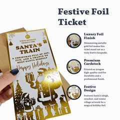 Festive foil ticket with Santa Claus design, held by a hand, on a white background with product details.