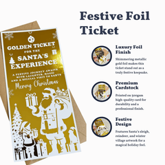Festive foil ticket with Santa Claus design and product details on a white background
