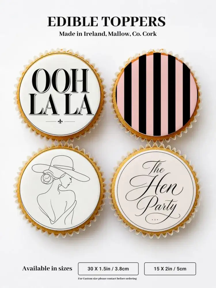 Edible hen party cupcake toppers with pink black stripes elegant ooh la la cursive designs on golden cupcakes