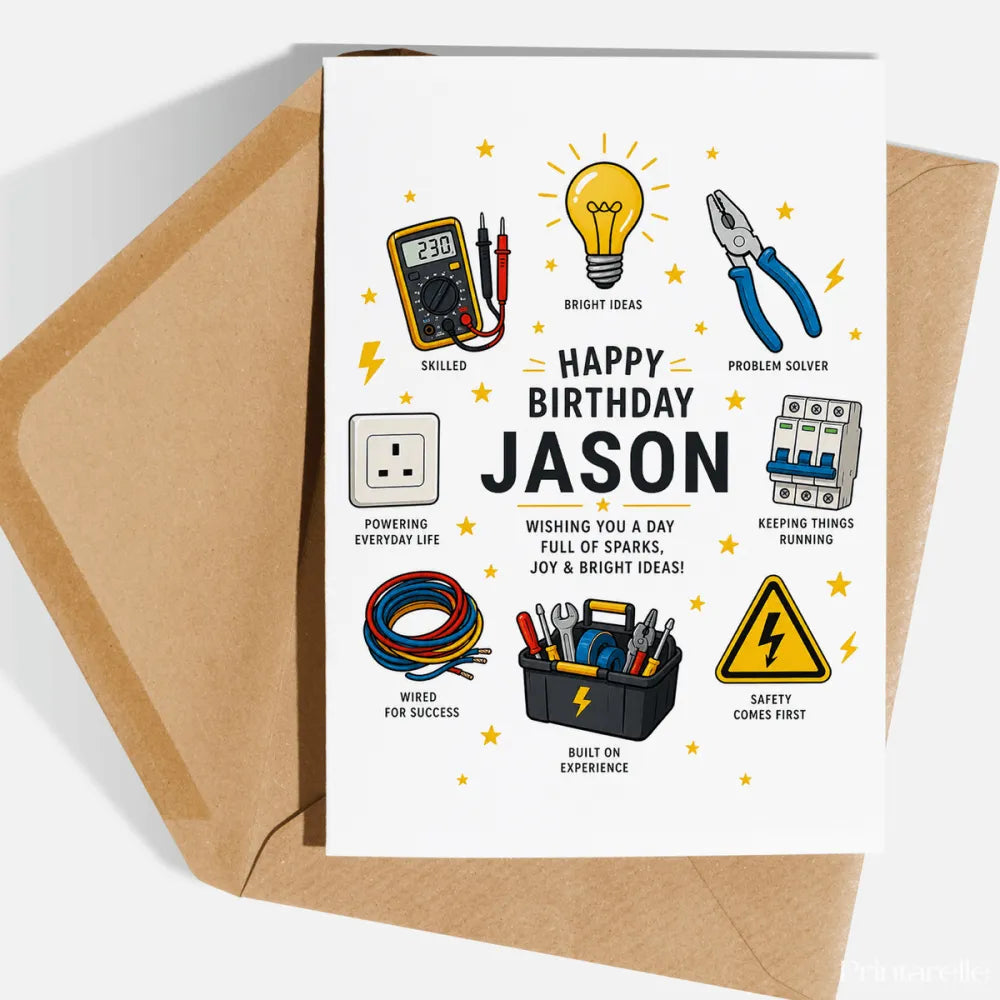 Electrician Birthday Card | Sparks of Joy - birthday card, electrician birthday card, electrician birthday, bright